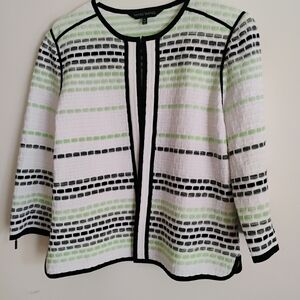 Ming Wang Striped Knit Open-Front Jacket in White, Black & Lime